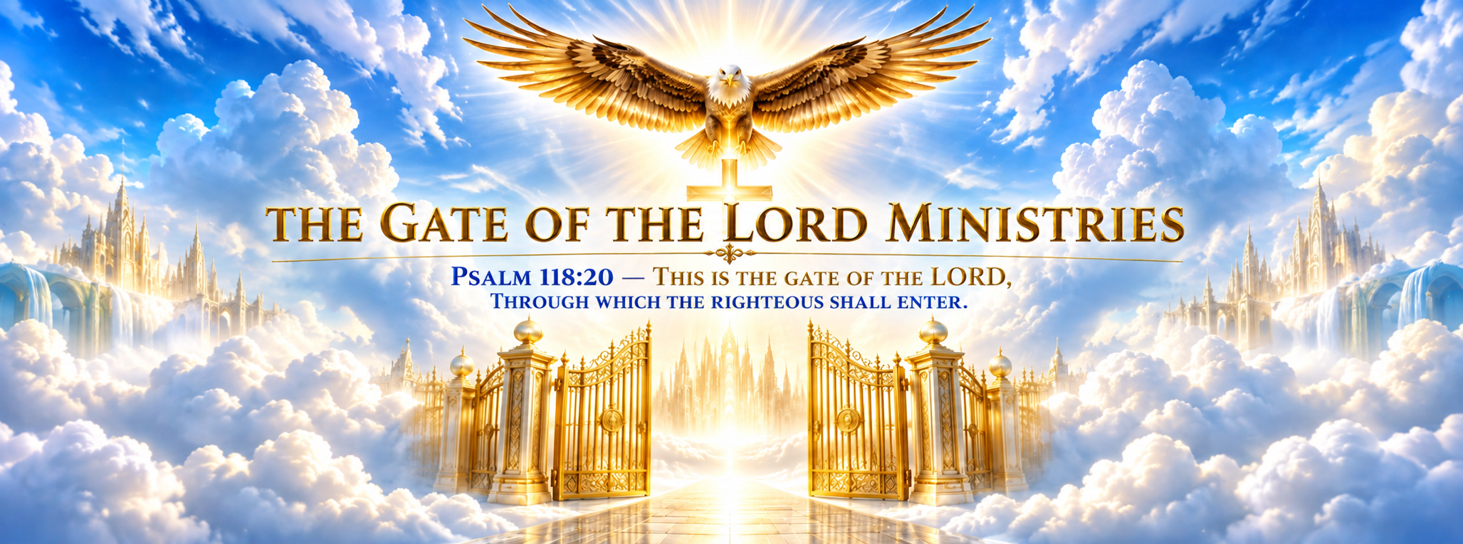 Open golden gates beneath a Cross and soaring eagle