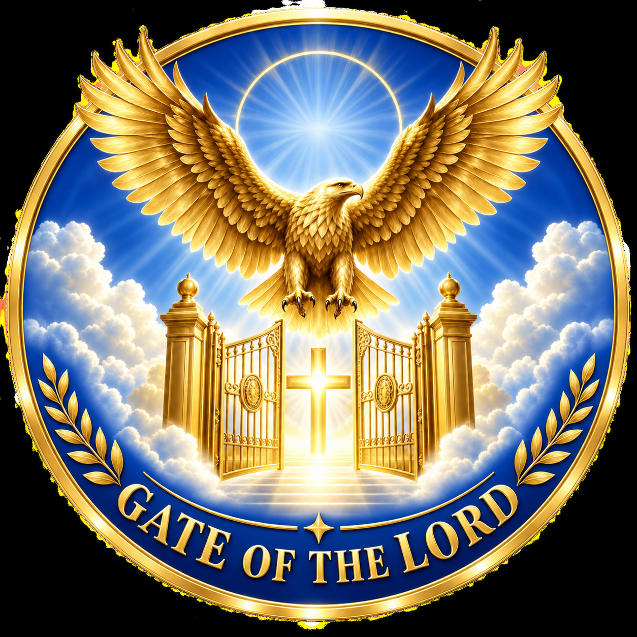 Golden eagle above an open gate and Cross